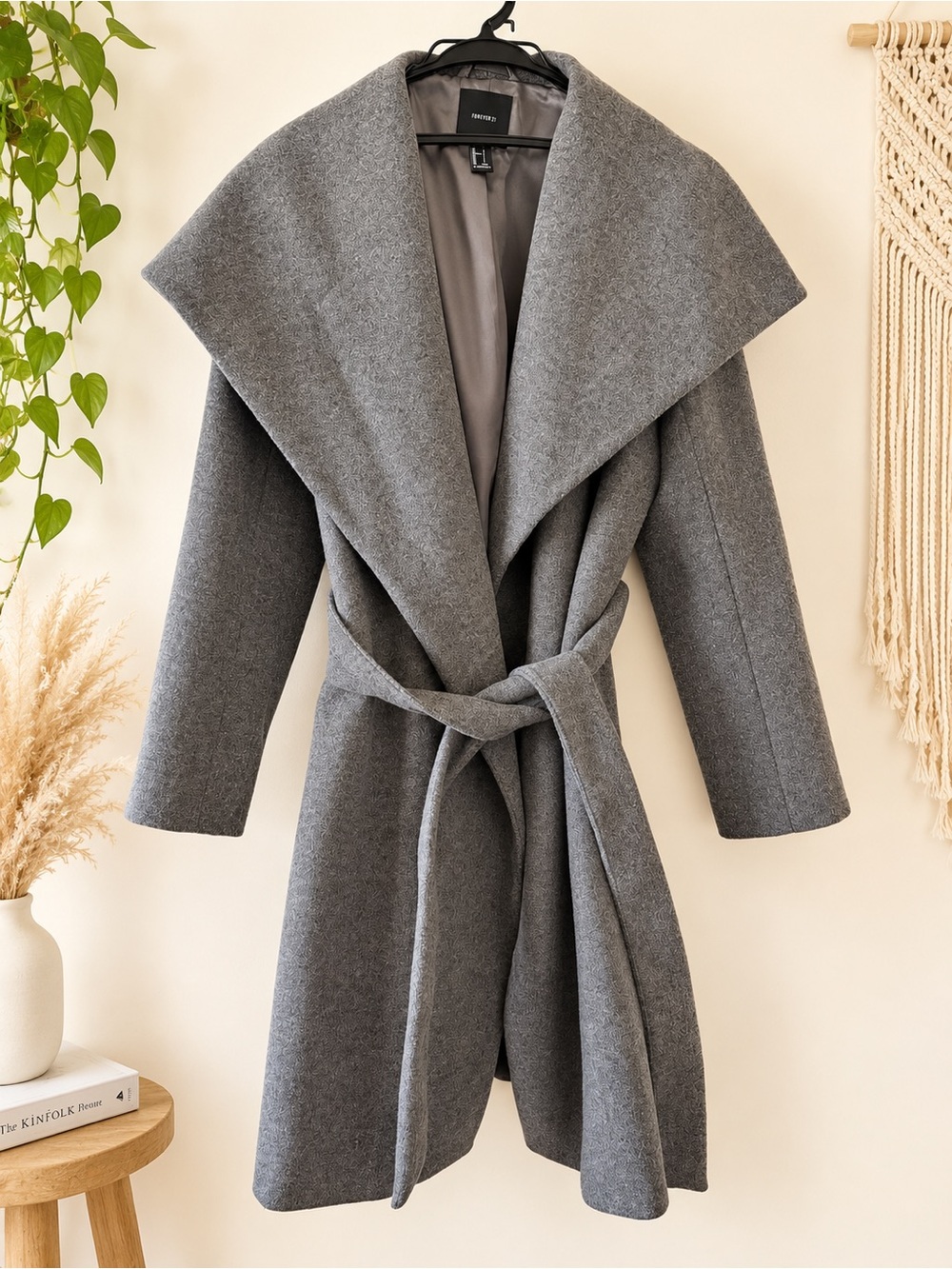 Women's Gray Wrap Coat with Wide Collar